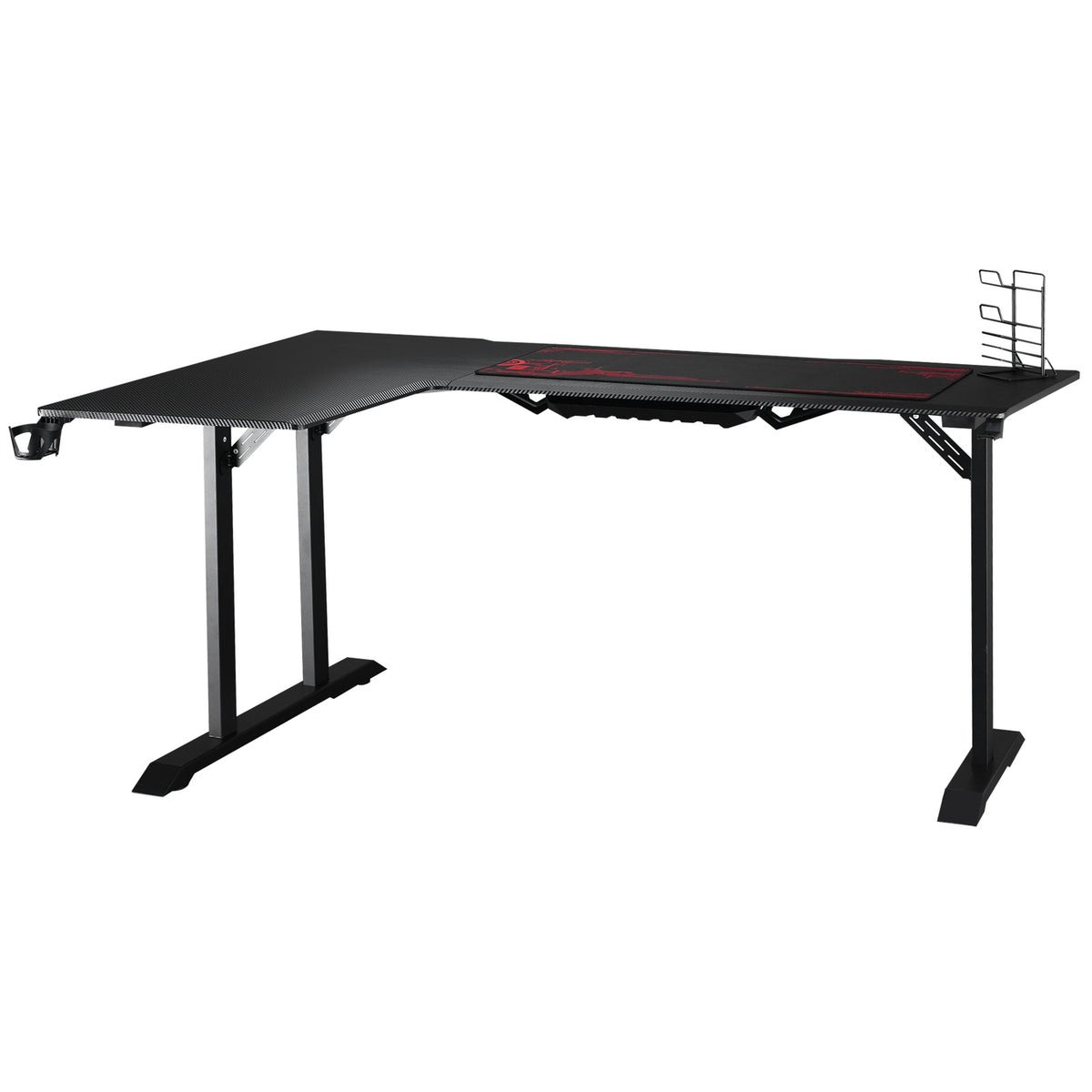 L-Shaped Gaming Desk With Headphone Hook, Cup Holder, Mdf Metal, Black+Red, 168X109X78Cm