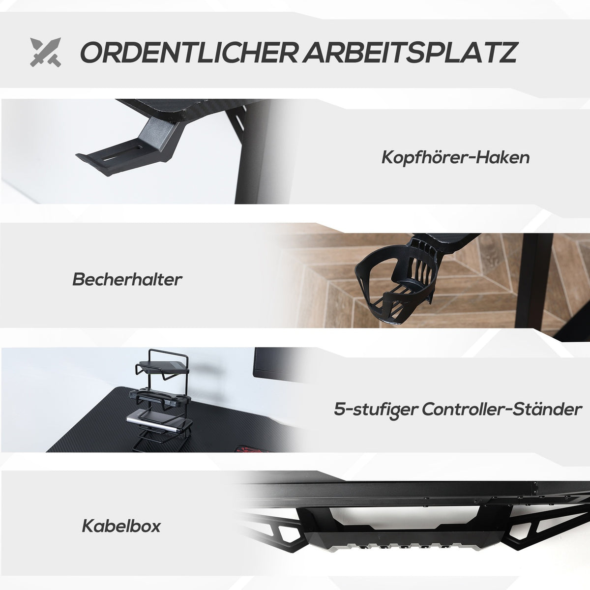 L-Shaped Gaming Desk With Headphone Hook, Cup Holder, Mdf Metal, Black+Red, 168X109X78Cm