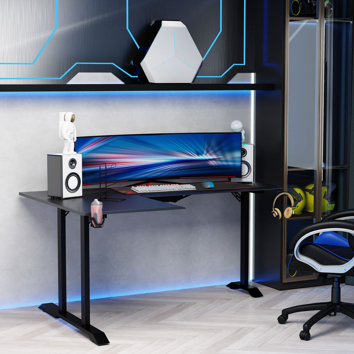 L-Shaped Gaming Desk With Headphone Hook, Cup Holder, Mdf Metal, Black+Red, 168X109X78Cm