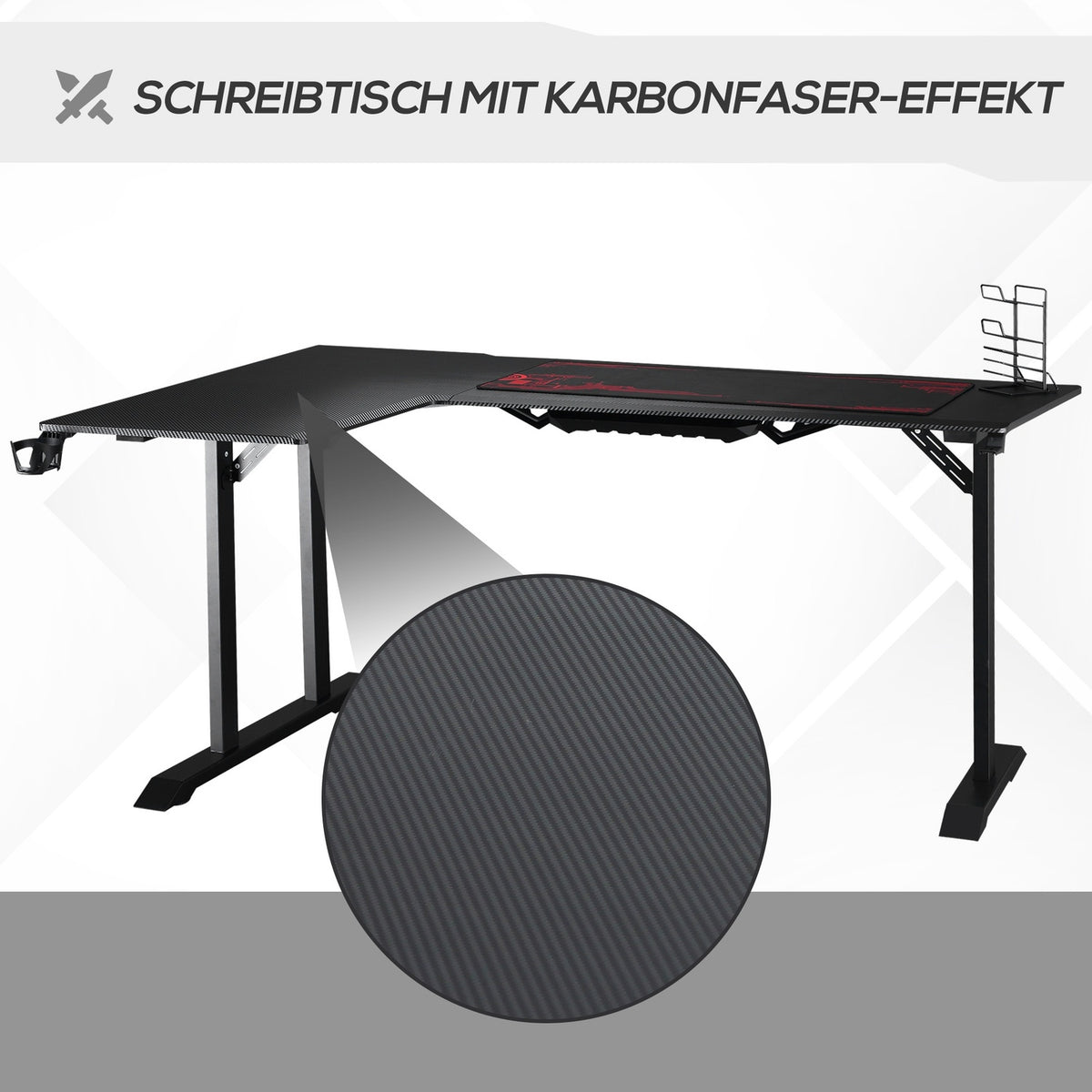 L-Shaped Gaming Desk With Headphone Hook, Cup Holder, Mdf Metal, Black+Red, 168X109X78Cm