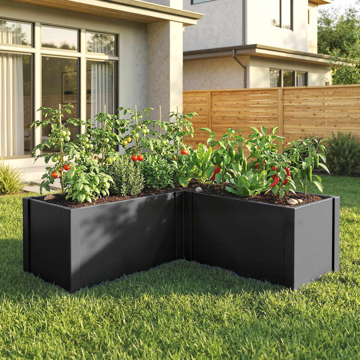 L-Shaped Raised Garden Bed, Galvanized Steel, 150x150x55 cm
