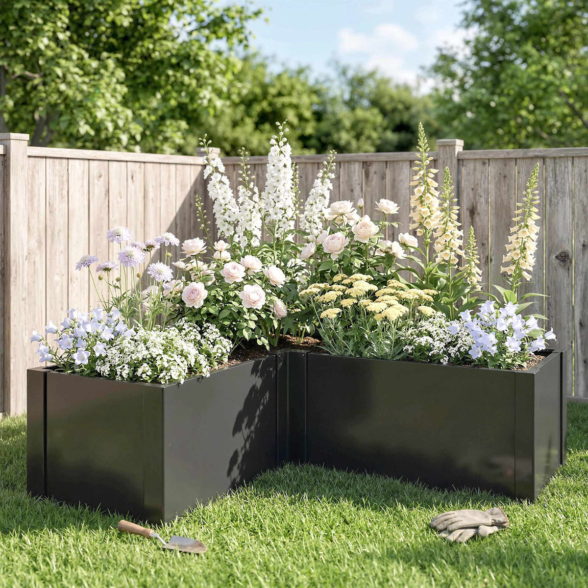 L-Shaped Raised Garden Bed, Galvanized Steel, 150x150x55 cm