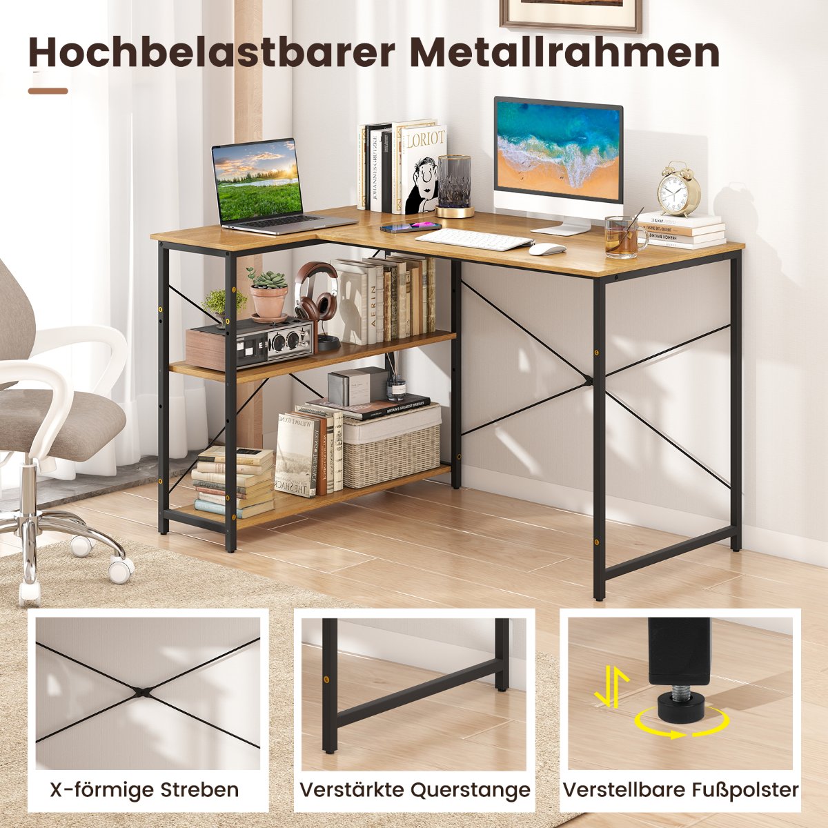 L-Shaped Reversible Corner Desk with Adjustable Shelf