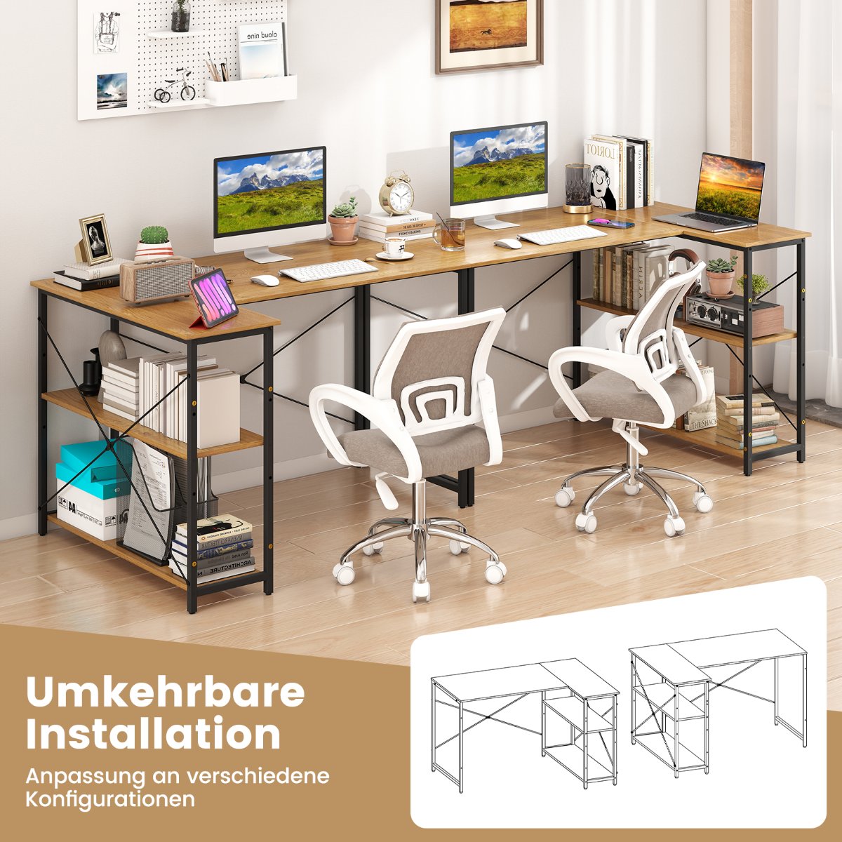 L-Shaped Reversible Corner Desk with Adjustable Shelf