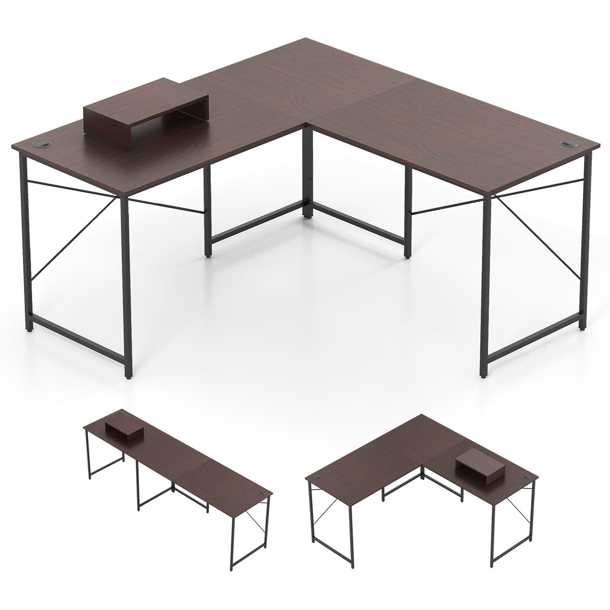 L-Shaped Reversible Desk with Charging Station, Brown