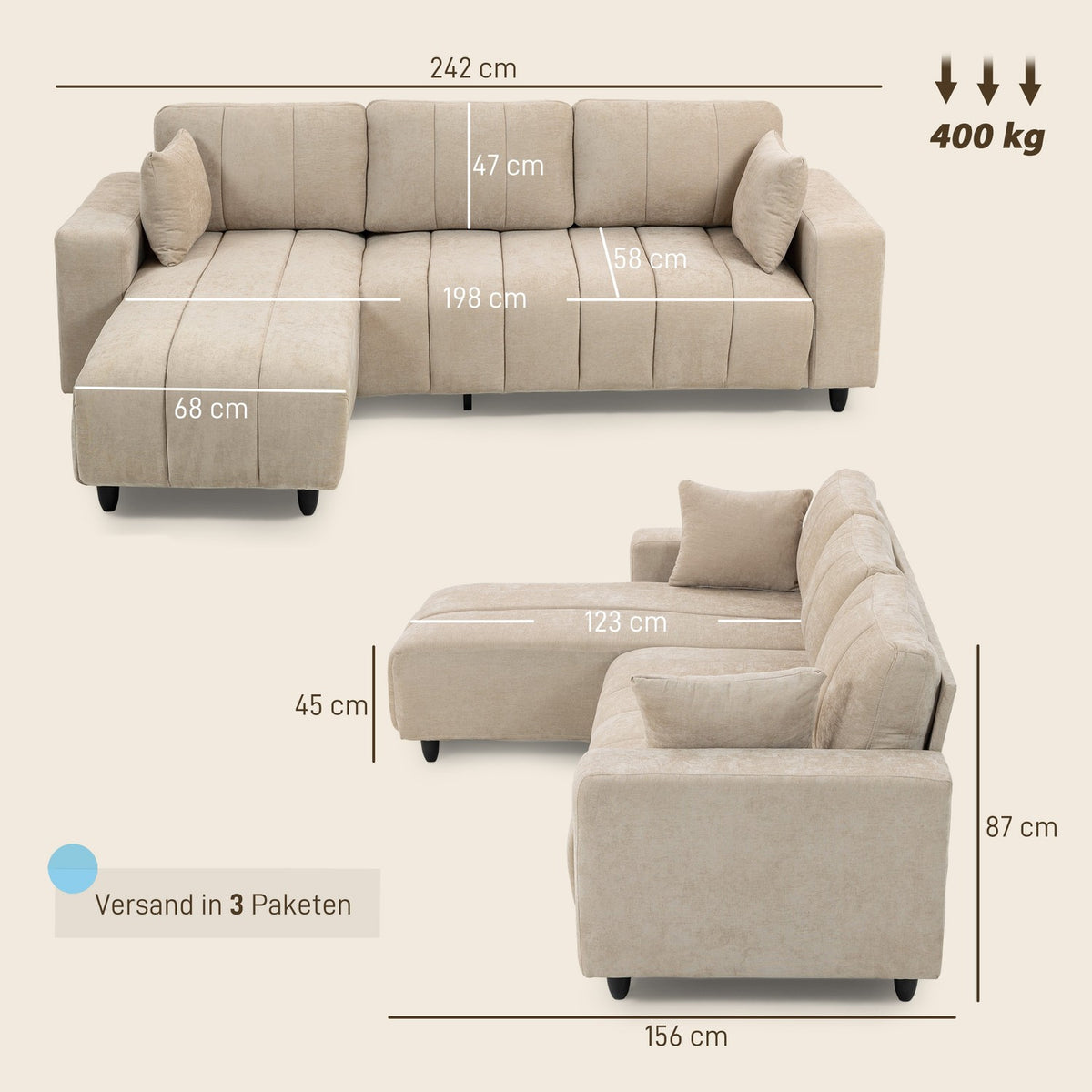 L-Shaped Sectional Sofa, Beige, 3-Seater with Chaise and Cushions