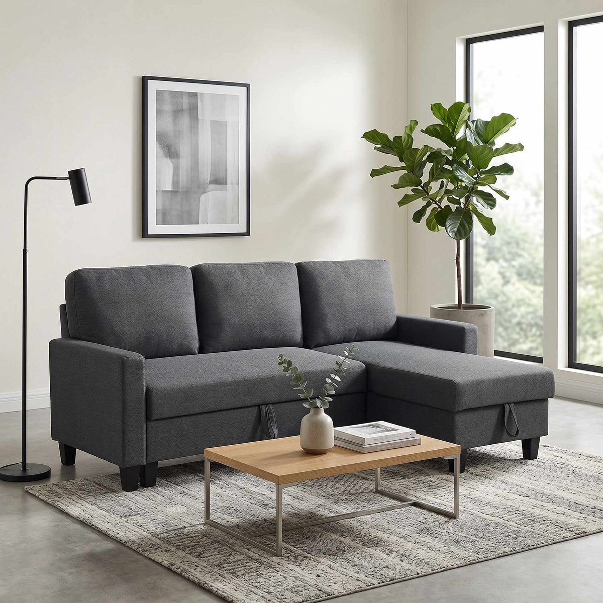 L-Shaped Sofa Bed With Storage, Reversible Chaise, Gray
