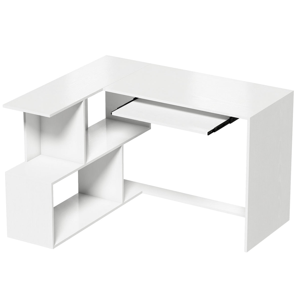 L-Shaped White Wood Desk with Keyboard Tray and Shelves