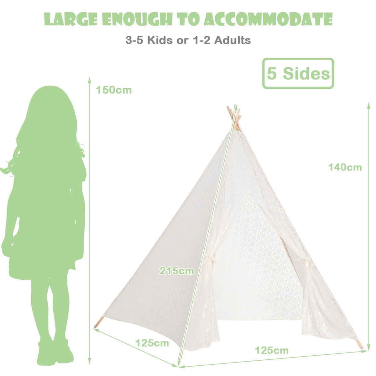 Lace Teepee Tent, 5-Sided, LED Star Lights, Large