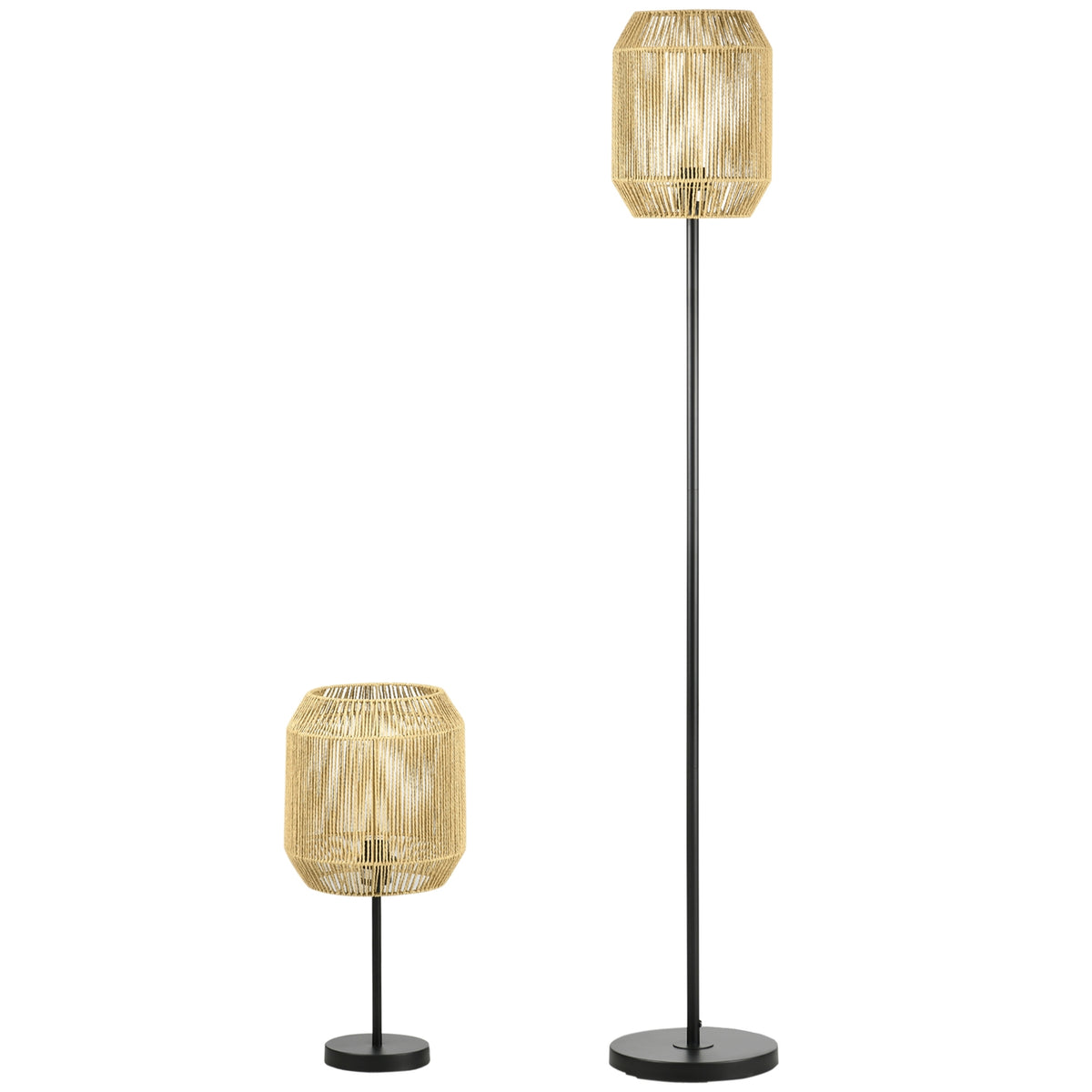 Lamp Set Of 2 With Floor And Table Lamp, E27 Base, Linen Lampshade, For Living Room, Natural