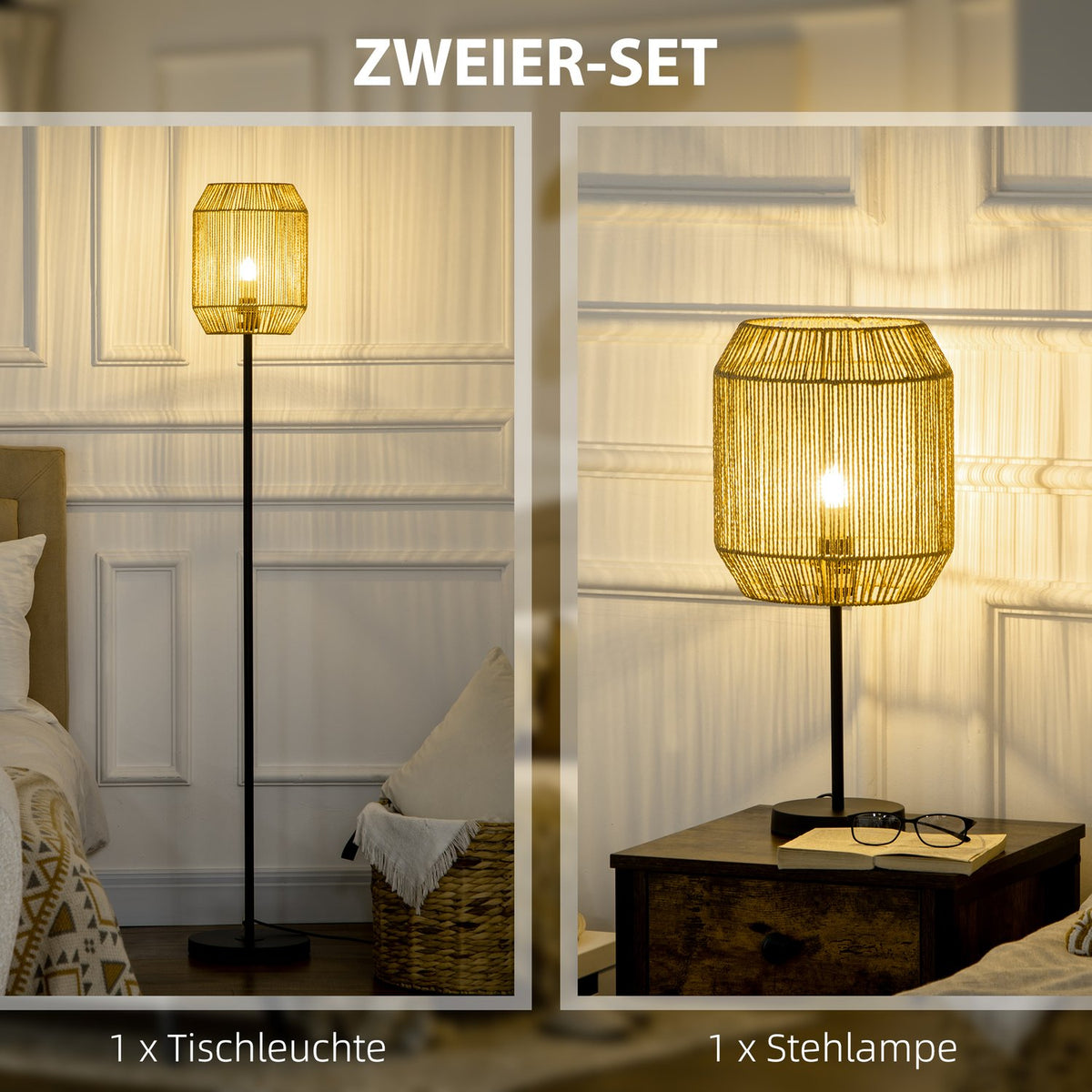 Lamp Set Of 2 With Floor And Table Lamp, E27 Base, Linen Lampshade, For Living Room, Natural