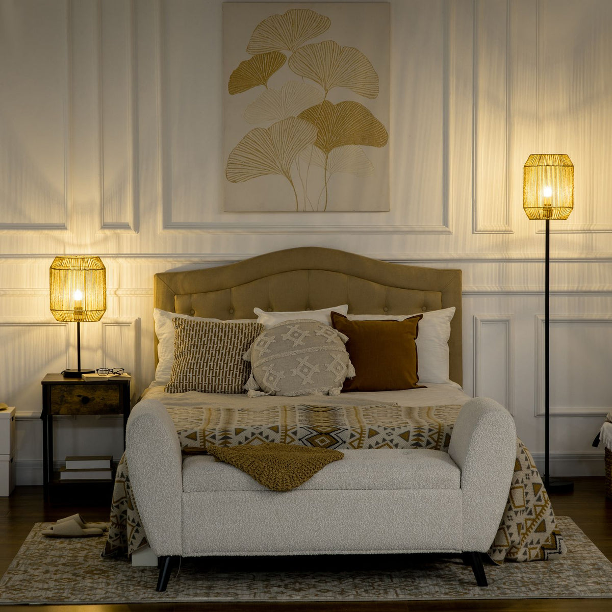Lamp Set Of 2 With Floor And Table Lamp, E27 Base, Linen Lampshade, For Living Room, Natural