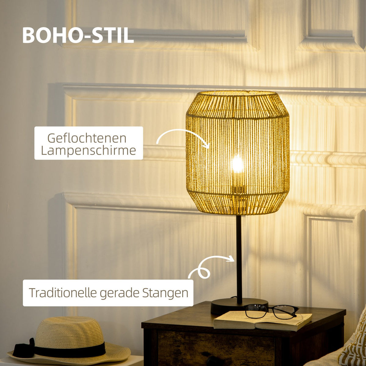 Lamp Set Of 2 With Floor And Table Lamp, E27 Base, Linen Lampshade, For Living Room, Natural