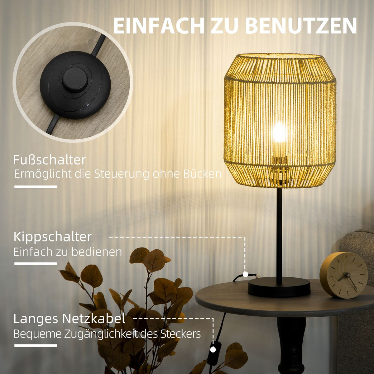 Lamp Set Of 2 With Floor And Table Lamp, E27 Base, Linen Lampshade, For Living Room, Natural