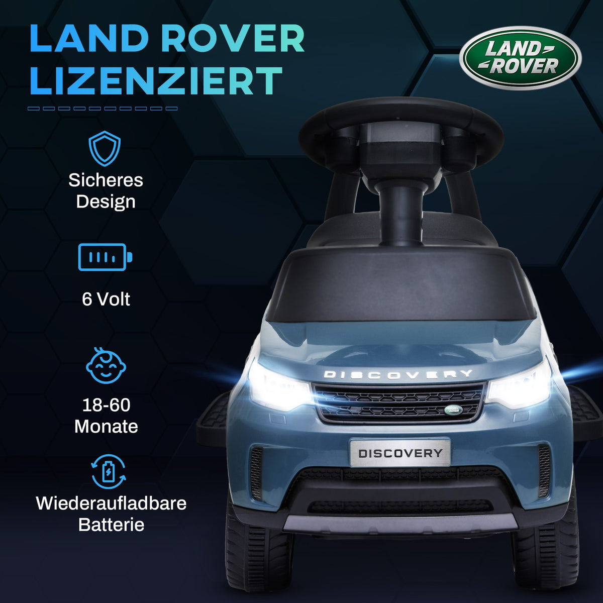 Land Rover children's electric car 2 in 1 6V children's car with slide mode, music, horn, electric vehicle, slide car, ride-on vehicle with headlight, 3 km/h, for 1.5-5 years children, light blue