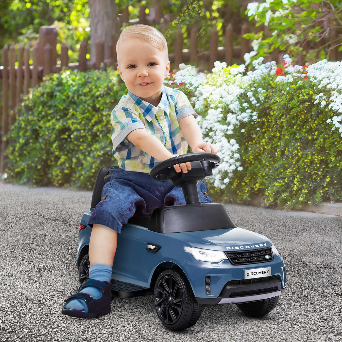 Land Rover children's electric car 2 in 1 6V children's car with slide mode, music, horn, electric vehicle, slide car, ride-on vehicle with headlight, 3 km/h, for 1.5-5 years children, light blue