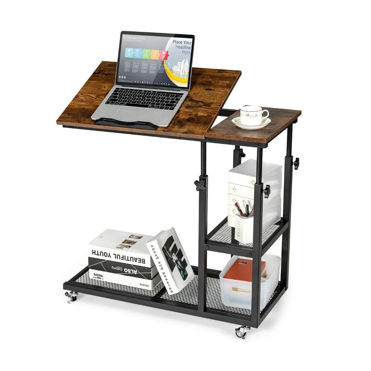 Laptop table with height and tilt adjustable 3 levels side table vintage
