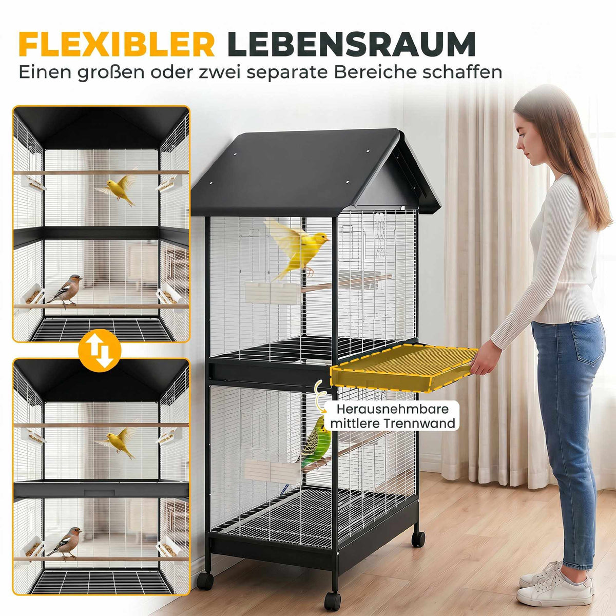 Large Bird Cage with Removable Divider, Wheels, White/Black