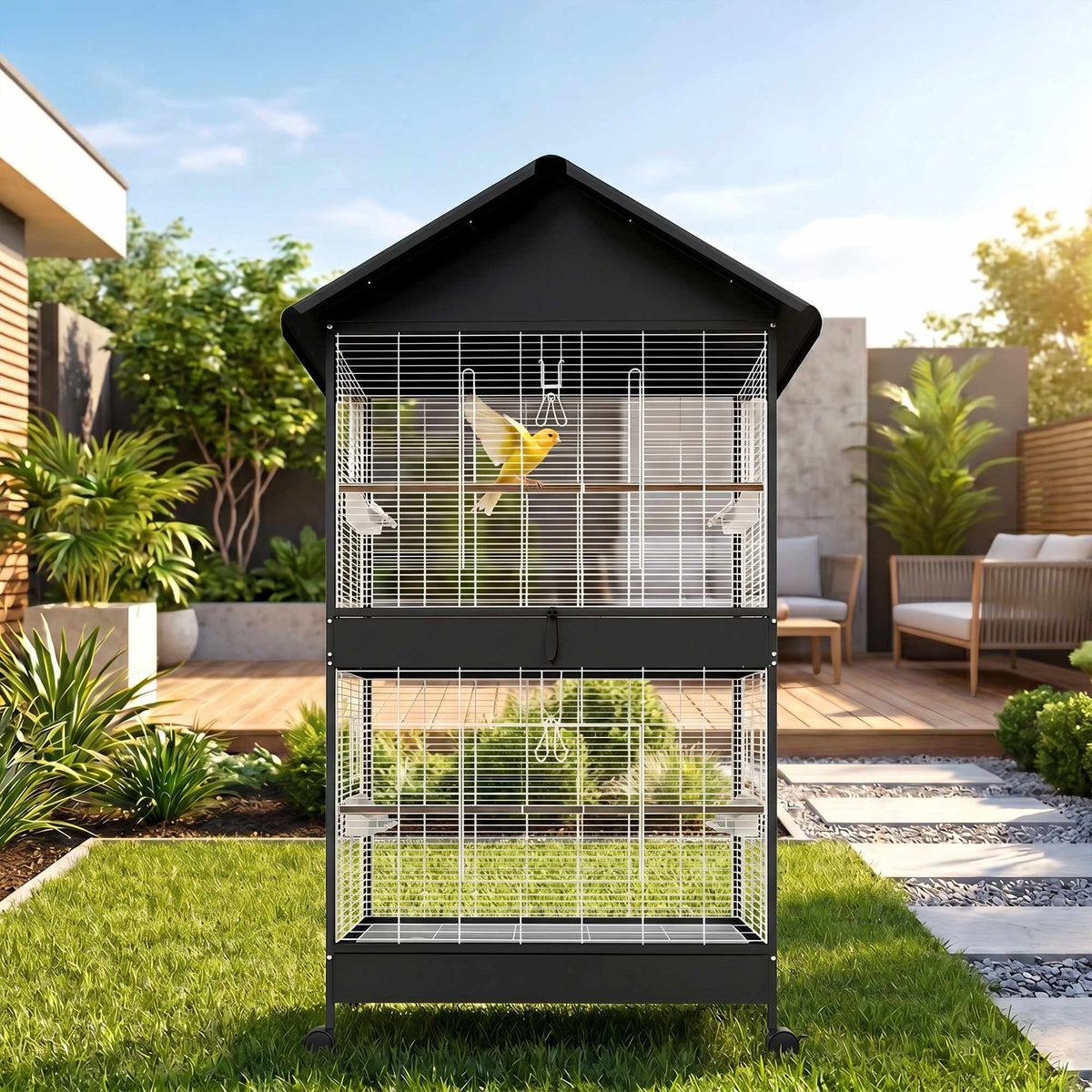 Large Bird Cage with Removable Divider, Wheels, White/Black