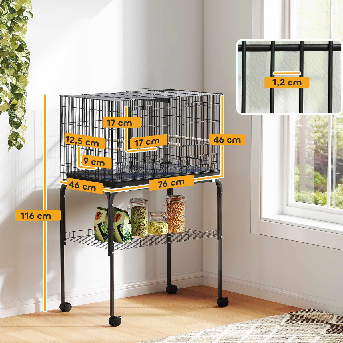 Large Bird Cage with Stand, 4 Perches, Black, 76x46x116 cm