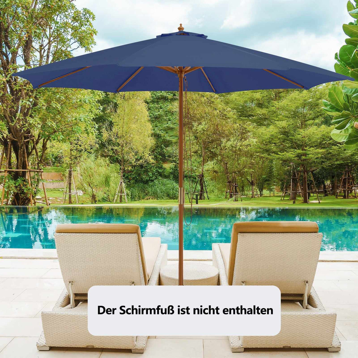 Large Blue Wooden Patio Umbrella, 300 cm, Ventilated, Adjustable