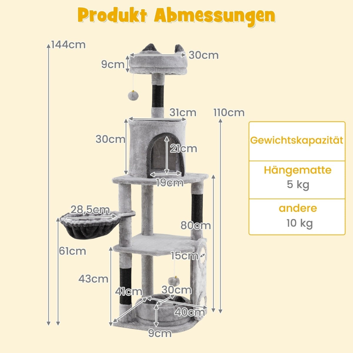 Large Cat Tree with Hammock, Cave, Platforms – Grey