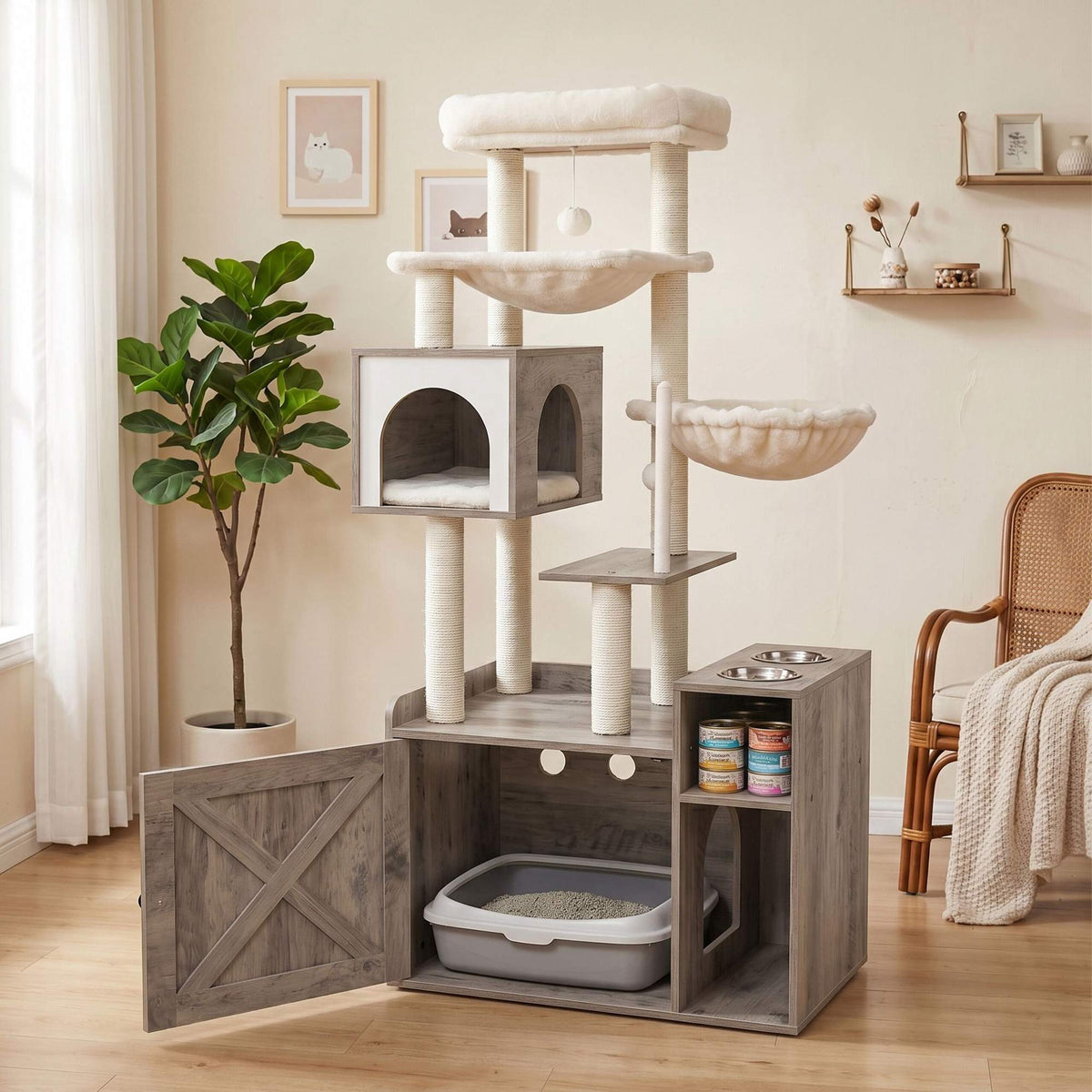 Large Cat Tree with Litter Cabinet, Sisal Posts & Toys
