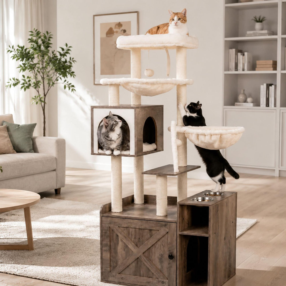 Large Cat Tree with Litter Cabinet, Sisal Posts & Toys