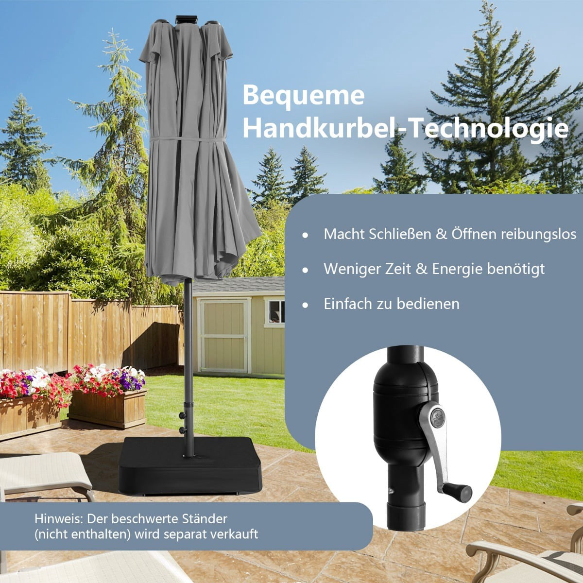 Large Double Patio Umbrella with 48 Solar LED Lights, Grey