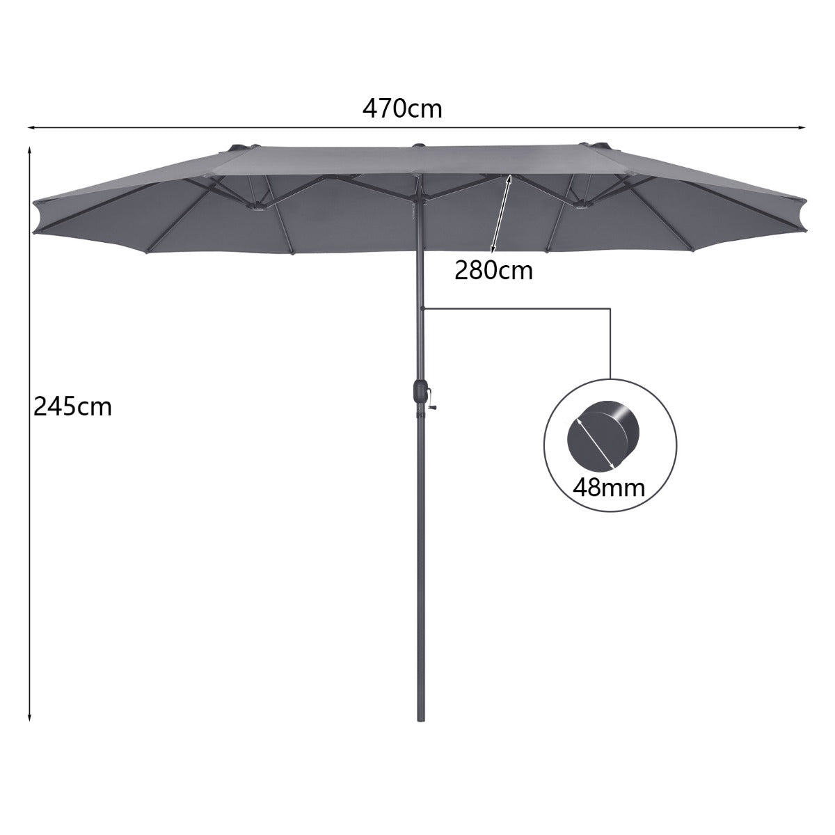 Large Double Umbrella with Crank, Dark Grey, 2.7m x 4.6m