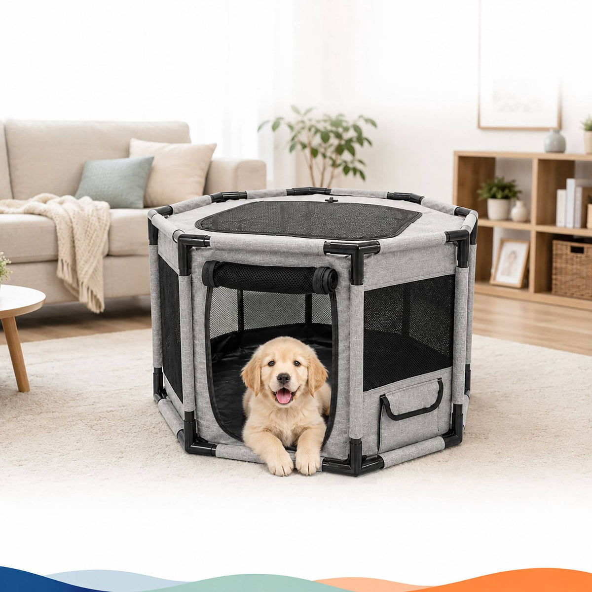 Large Indoor & Outdoor Puppy Playpen, Grey/Black Polyester
