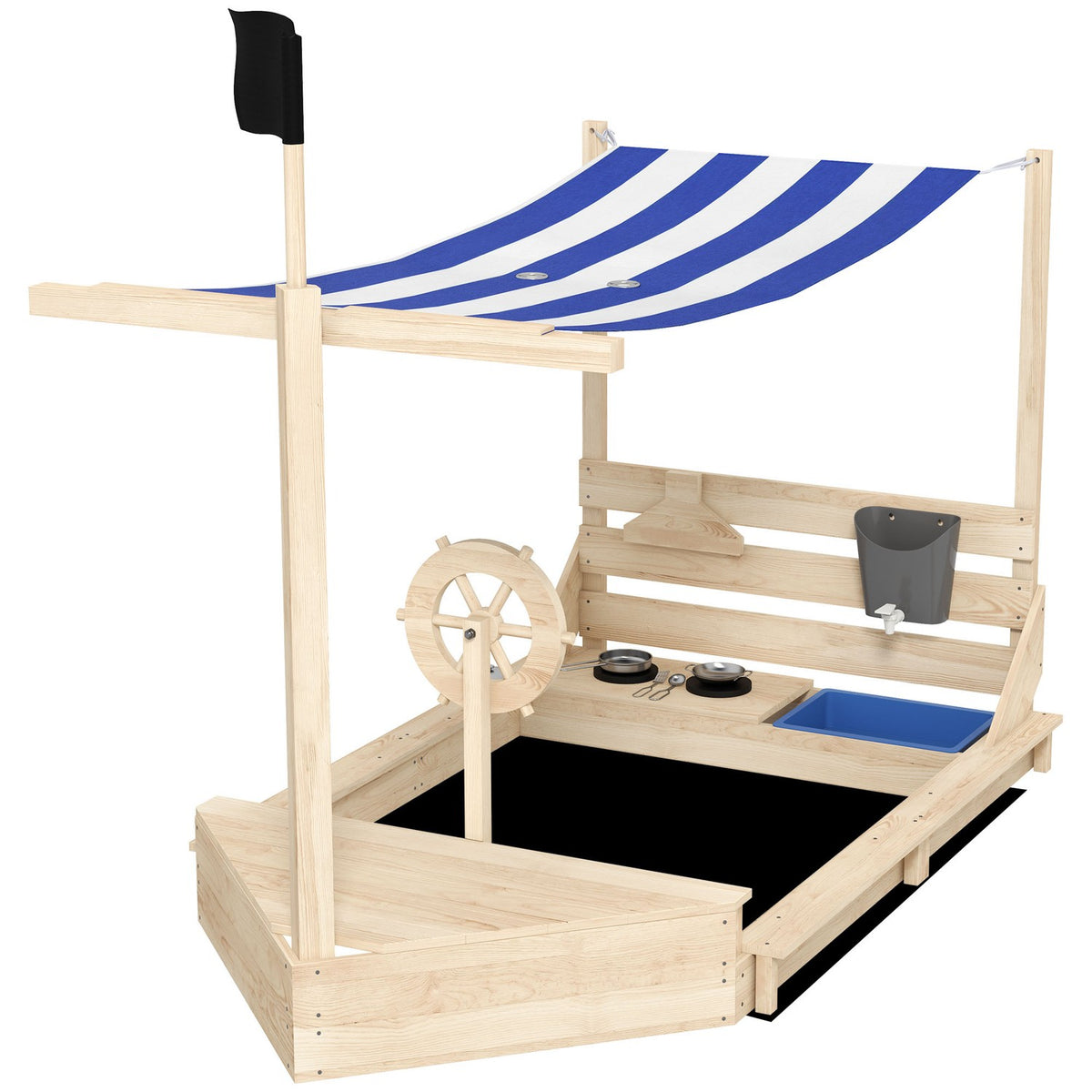 Large Sandpit With Cover Ship Design Sandbox, Wooden, Kitchen Playset, For Children 3-7 Years, 180X103X144.5Cm