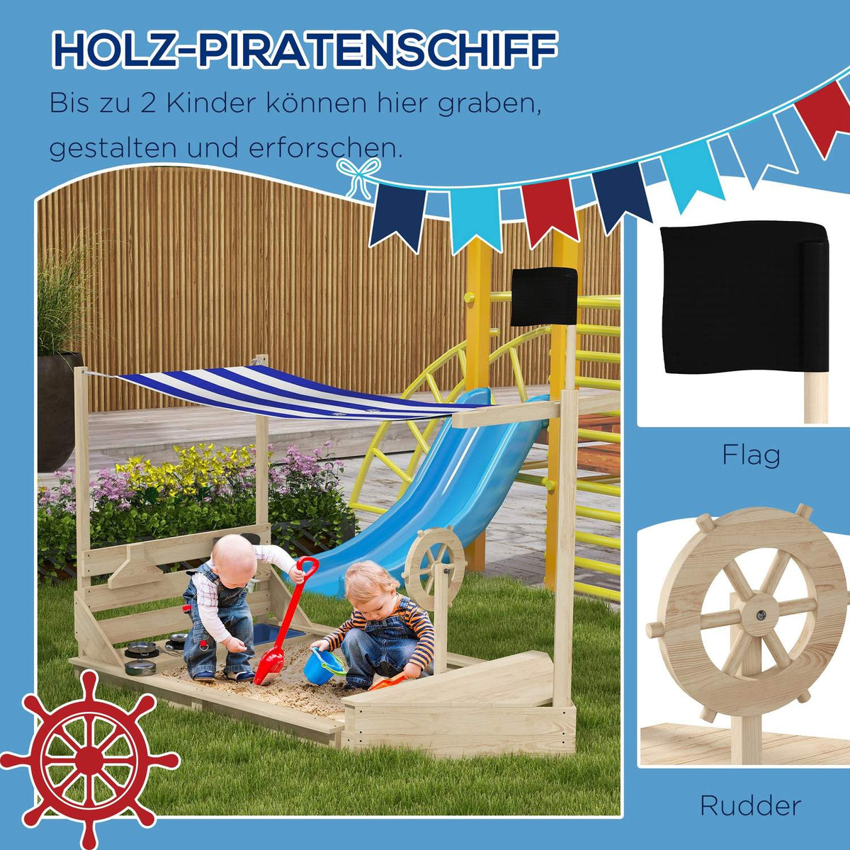 Large Sandpit With Cover Ship Design Sandbox, Wooden, Kitchen Playset, For Children 3-7 Years, 180X103X144.5Cm