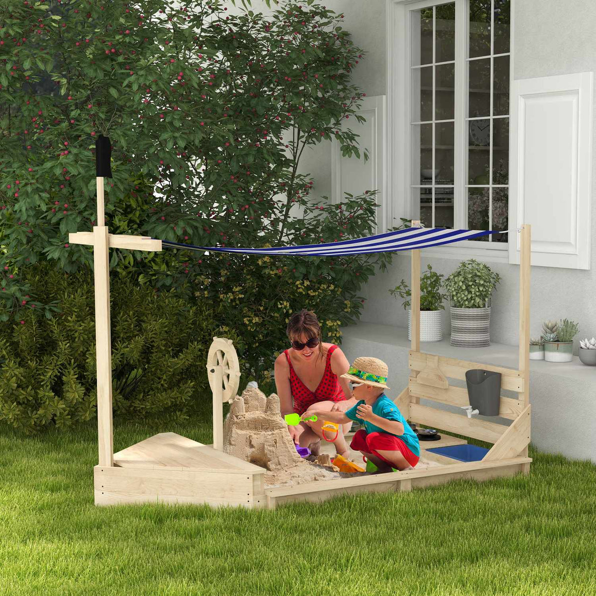 Large Sandpit With Cover Ship Design Sandbox, Wooden, Kitchen Playset, For Children 3-7 Years, 180X103X144.5Cm