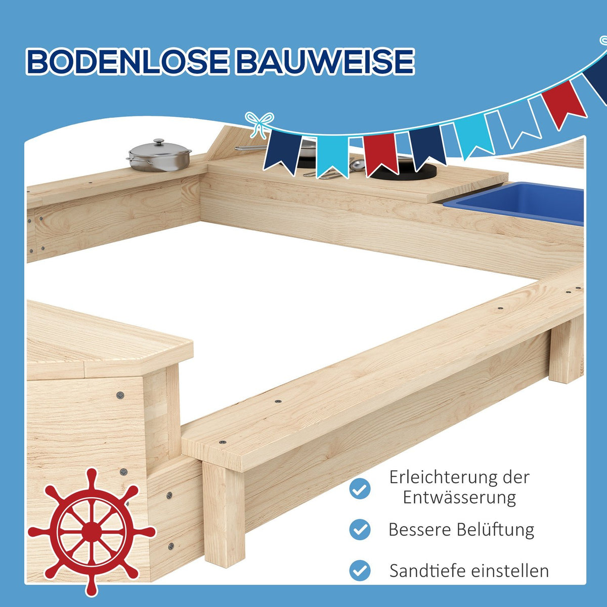 Large Sandpit With Cover Ship Design Sandbox, Wooden, Kitchen Playset, For Children 3-7 Years, 180X103X144.5Cm