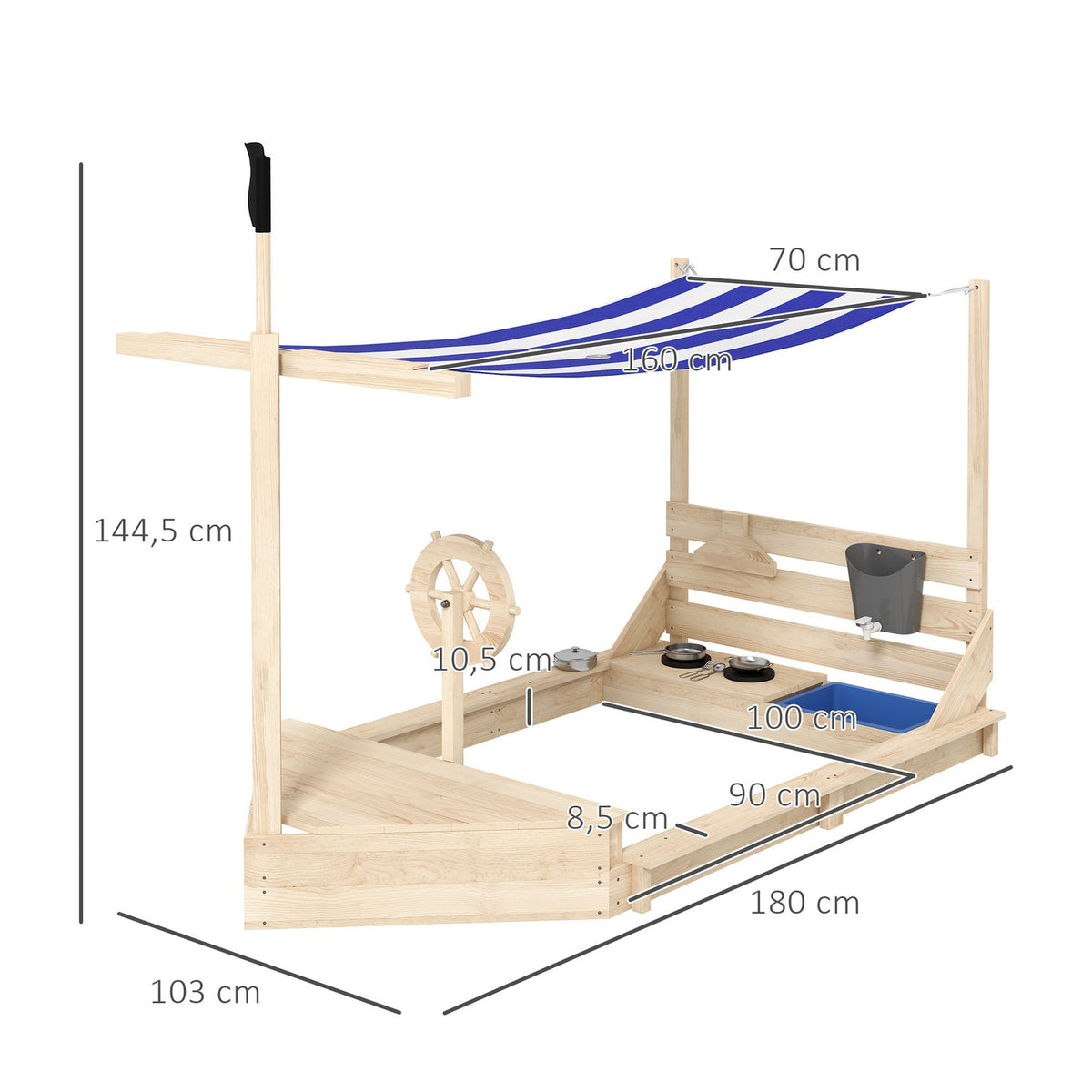 Large Sandpit With Cover Ship Design Sandbox, Wooden, Kitchen Playset, For Children 3-7 Years, 180X103X144.5Cm