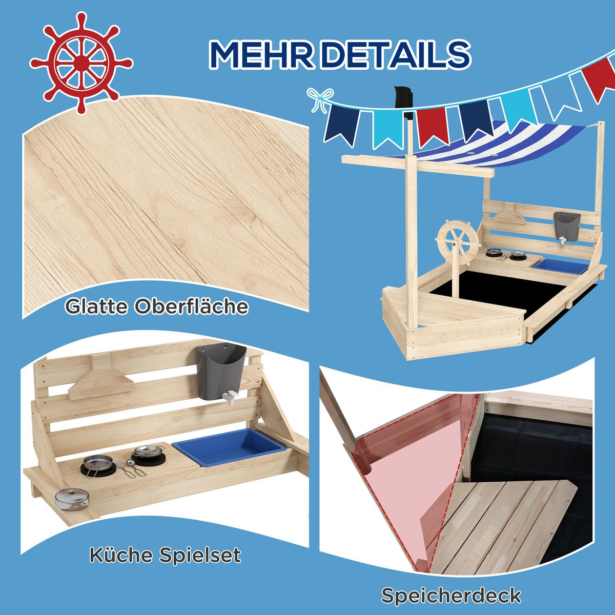 Large Sandpit With Cover Ship Design Sandbox, Wooden, Kitchen Playset, For Children 3-7 Years, 180X103X144.5Cm