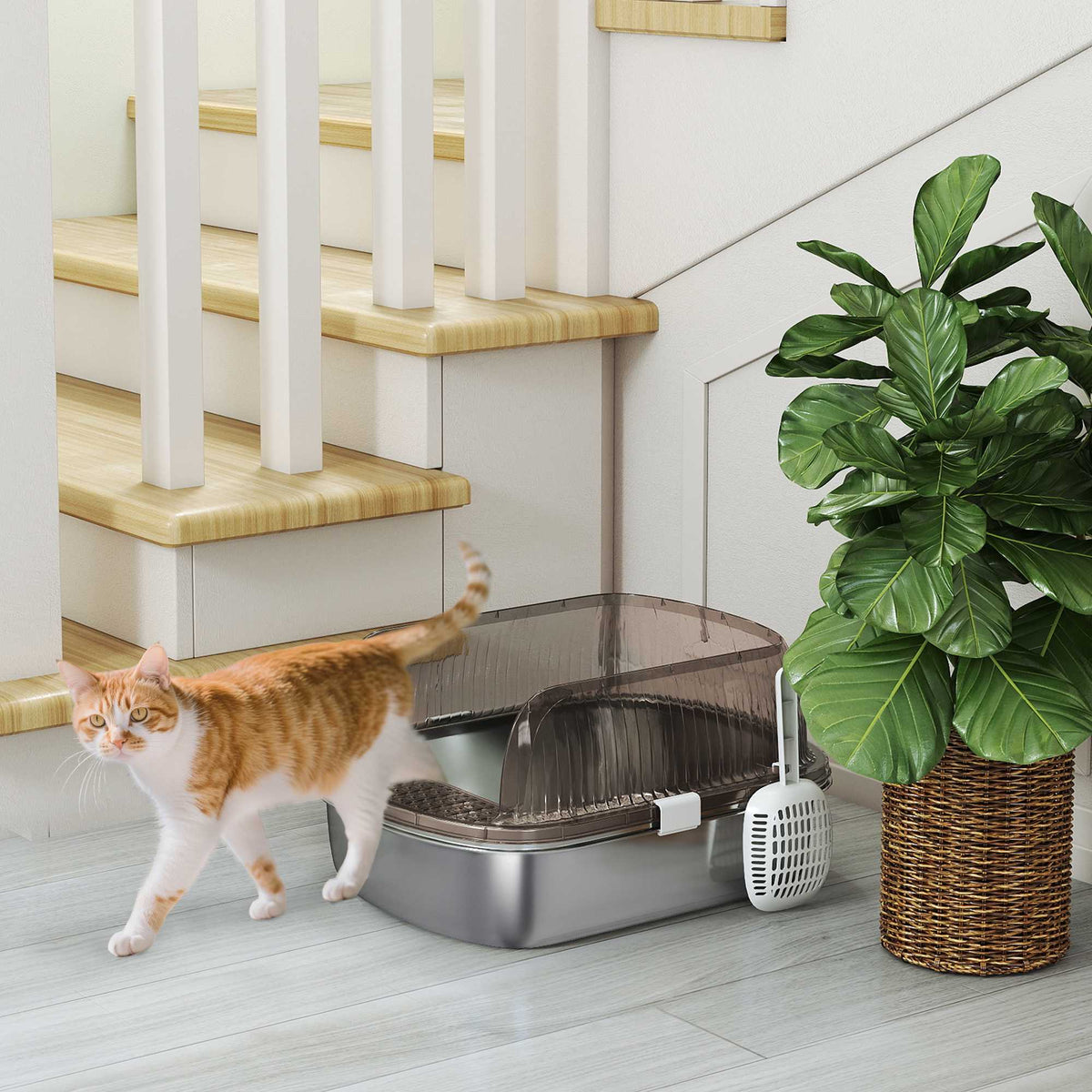 Large Stainless Steel Cat Litter Box with Scoop, 53x42x27cm