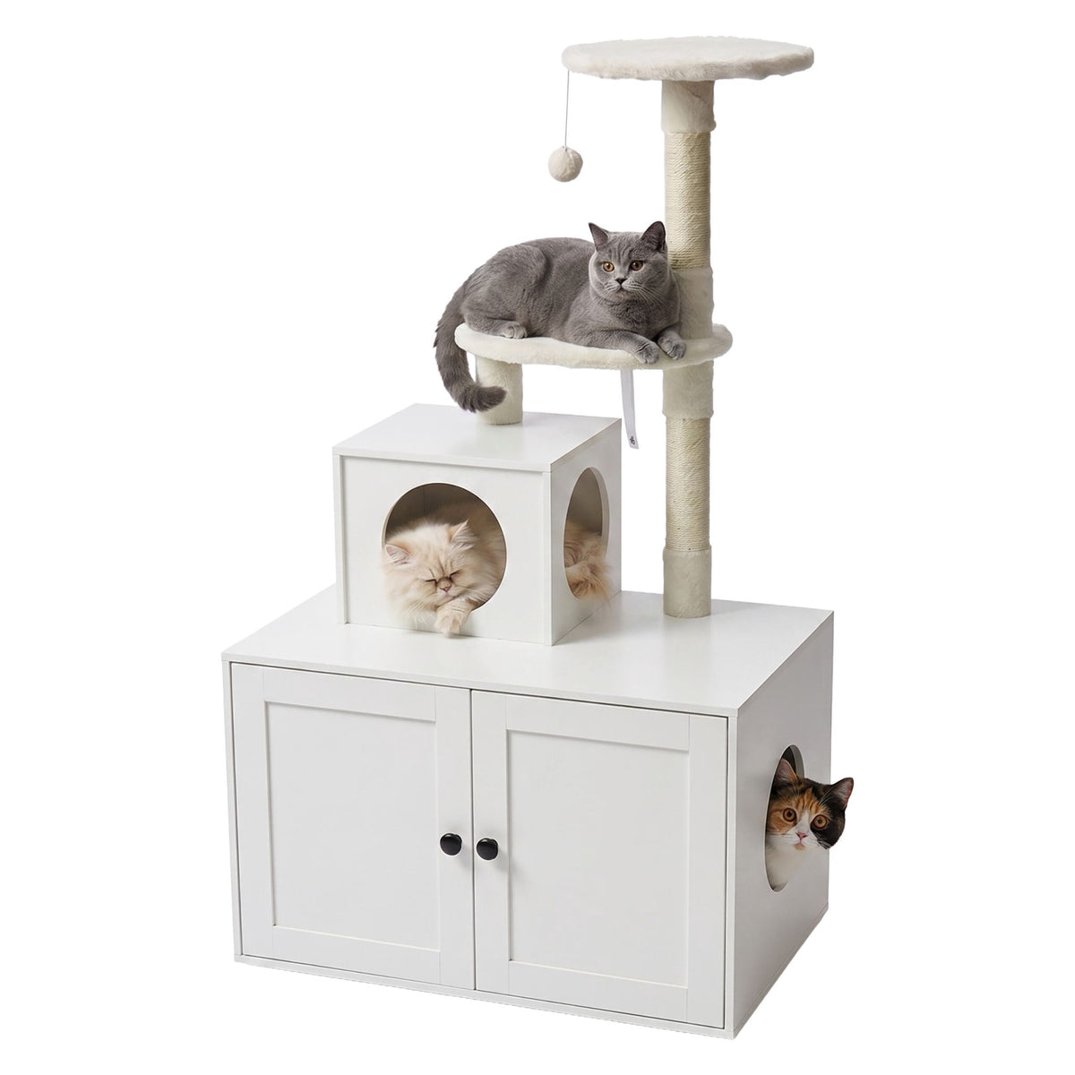 Large White Cat Tree with Litter Tray and Sisal Posts