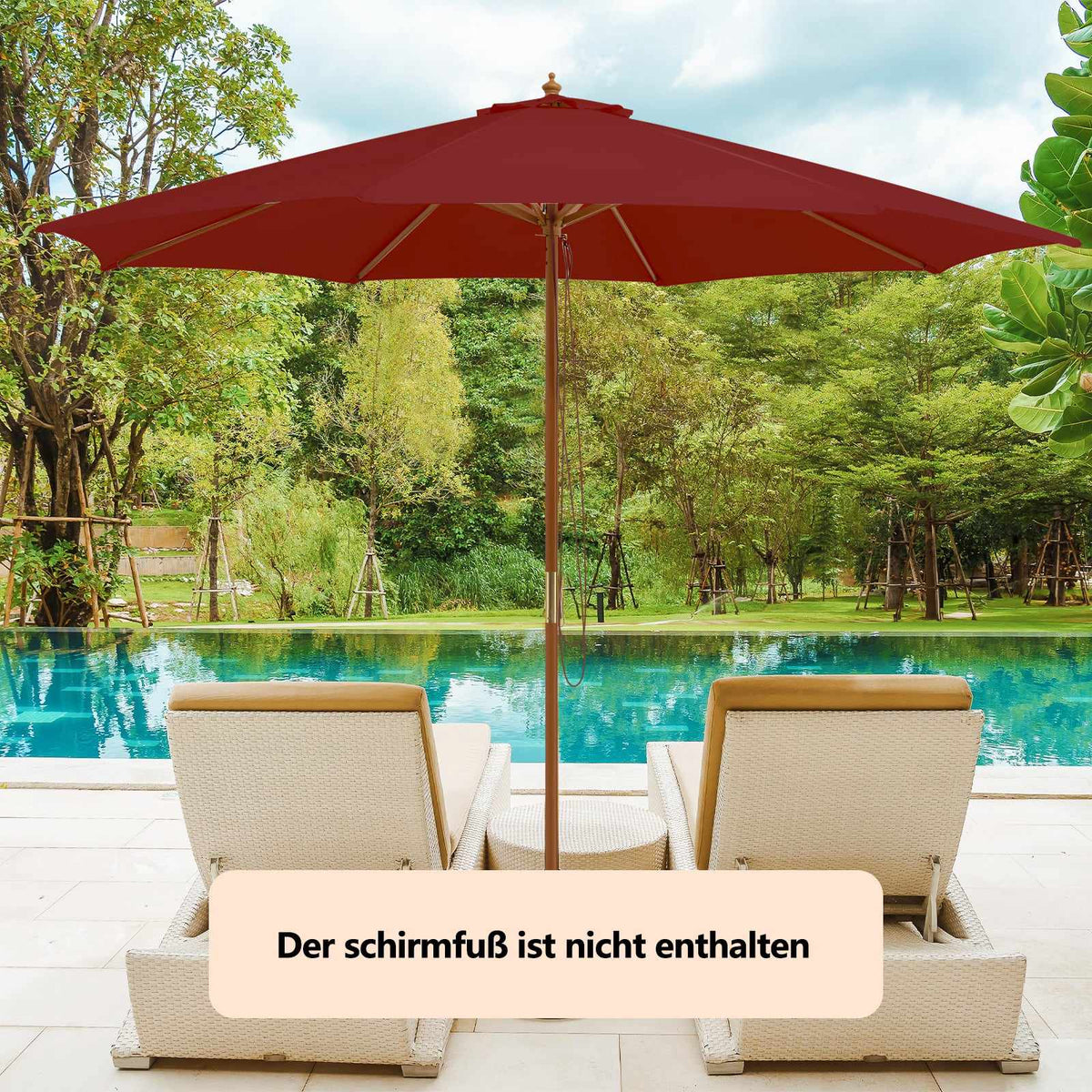 Large Wooden Patio Umbrella, 300cm, Red, Bamboo Ribs