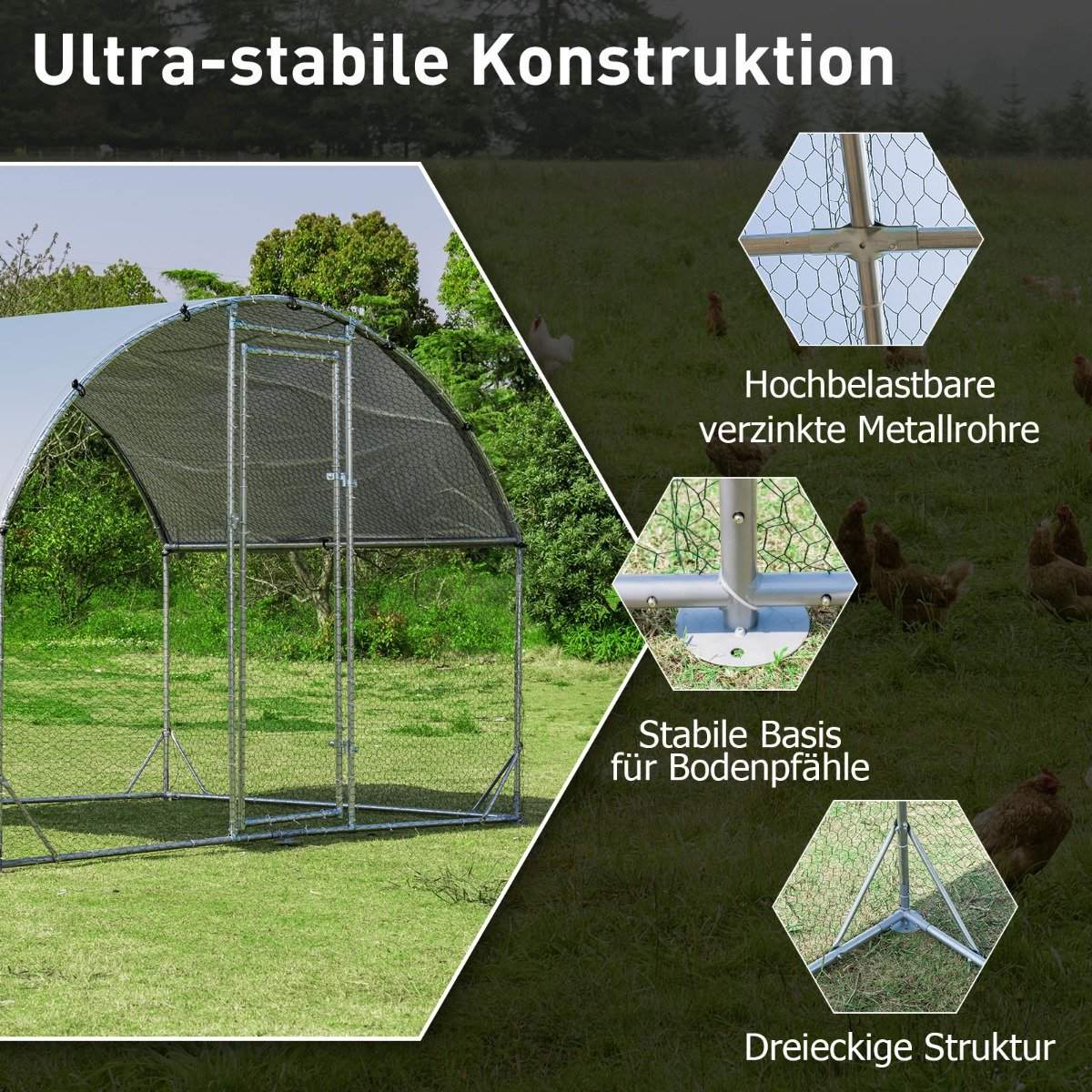Large galvanized metal chicken coop with waterproof cover for outdoor use 190 x 280 cm