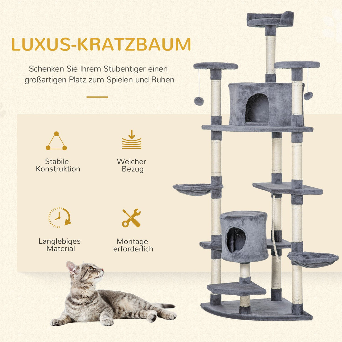 Large scratching post, 200H cm, XXL cat tree with cat caves, hammocks, cat scratching post for large cats, stable, light gray