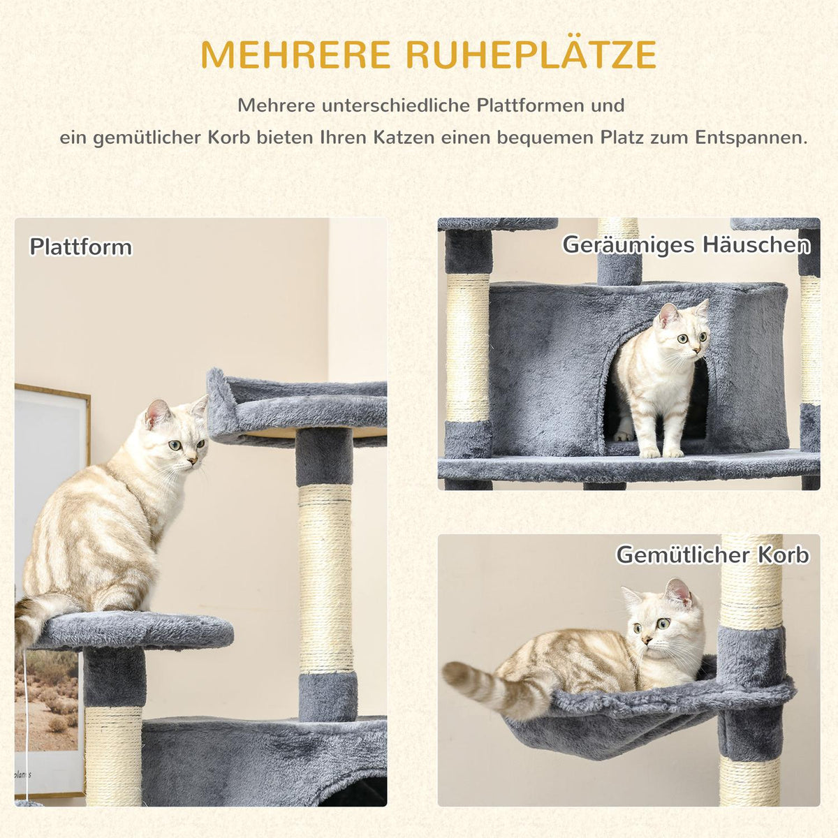 Large scratching post, 200H cm, XXL cat tree with cat caves, hammocks, cat scratching post for large cats, stable, light gray