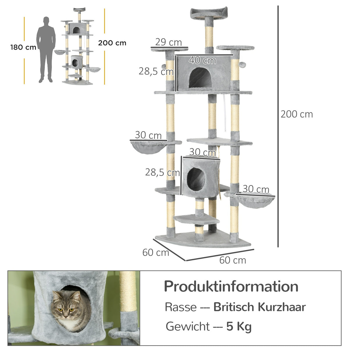 Large scratching post, 200H cm, XXL cat tree with cat caves, hammocks, cat scratching post for large cats, stable, light gray