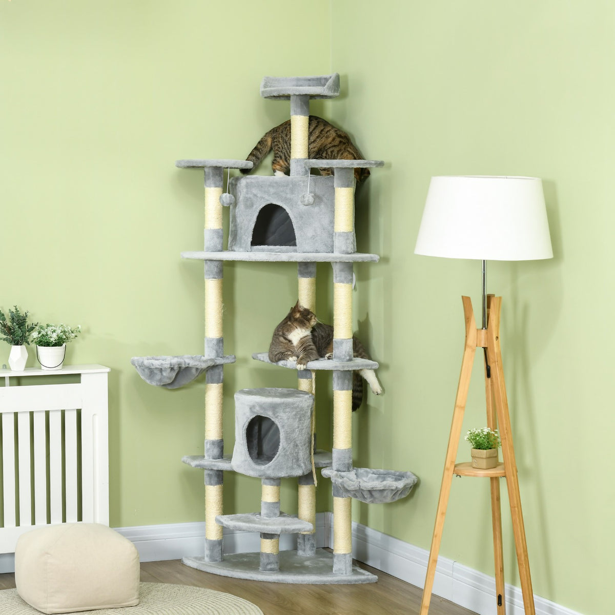 Large scratching post, 200H cm, XXL cat tree with cat caves, hammocks, cat scratching post for large cats, stable, light gray