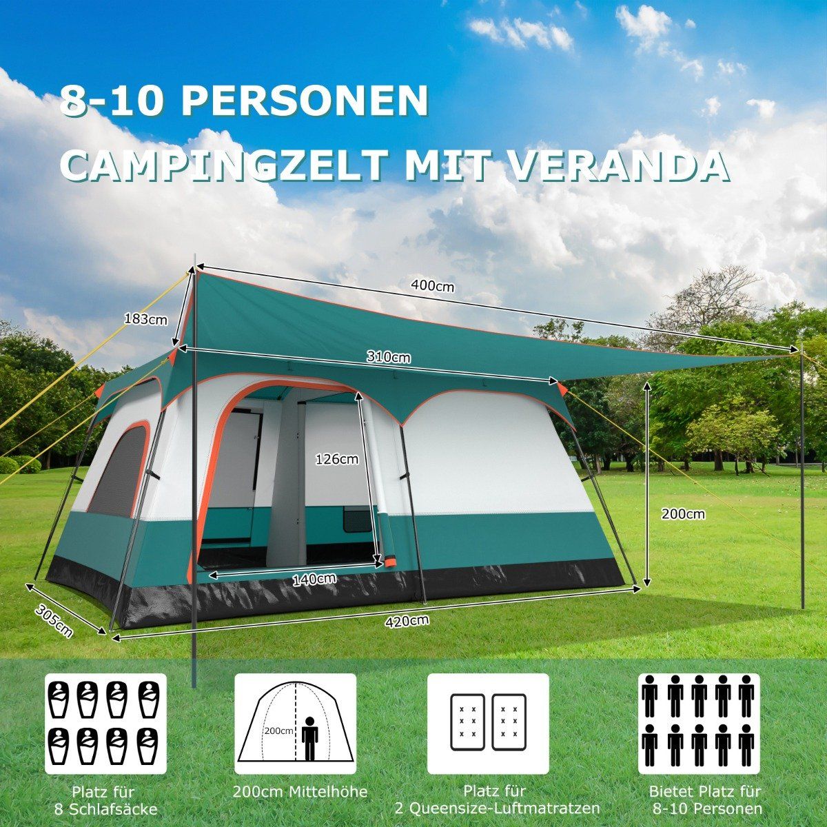 Large tent with awning & floor & 2 rooms & 2 entrances & carrying bag camping tent family tent L
