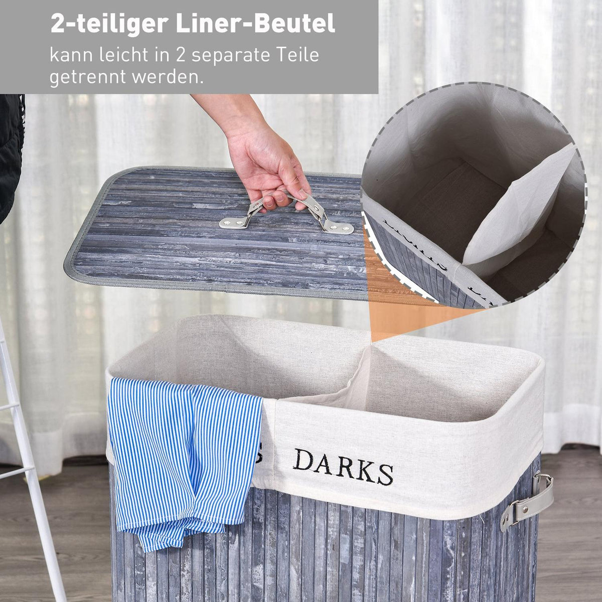 Laundry Basket 100L Laundry Box Laundry Collector With Lid, Washable Laundry Bag, Canvas + Bamboo, Gray, 52X32X63Cm