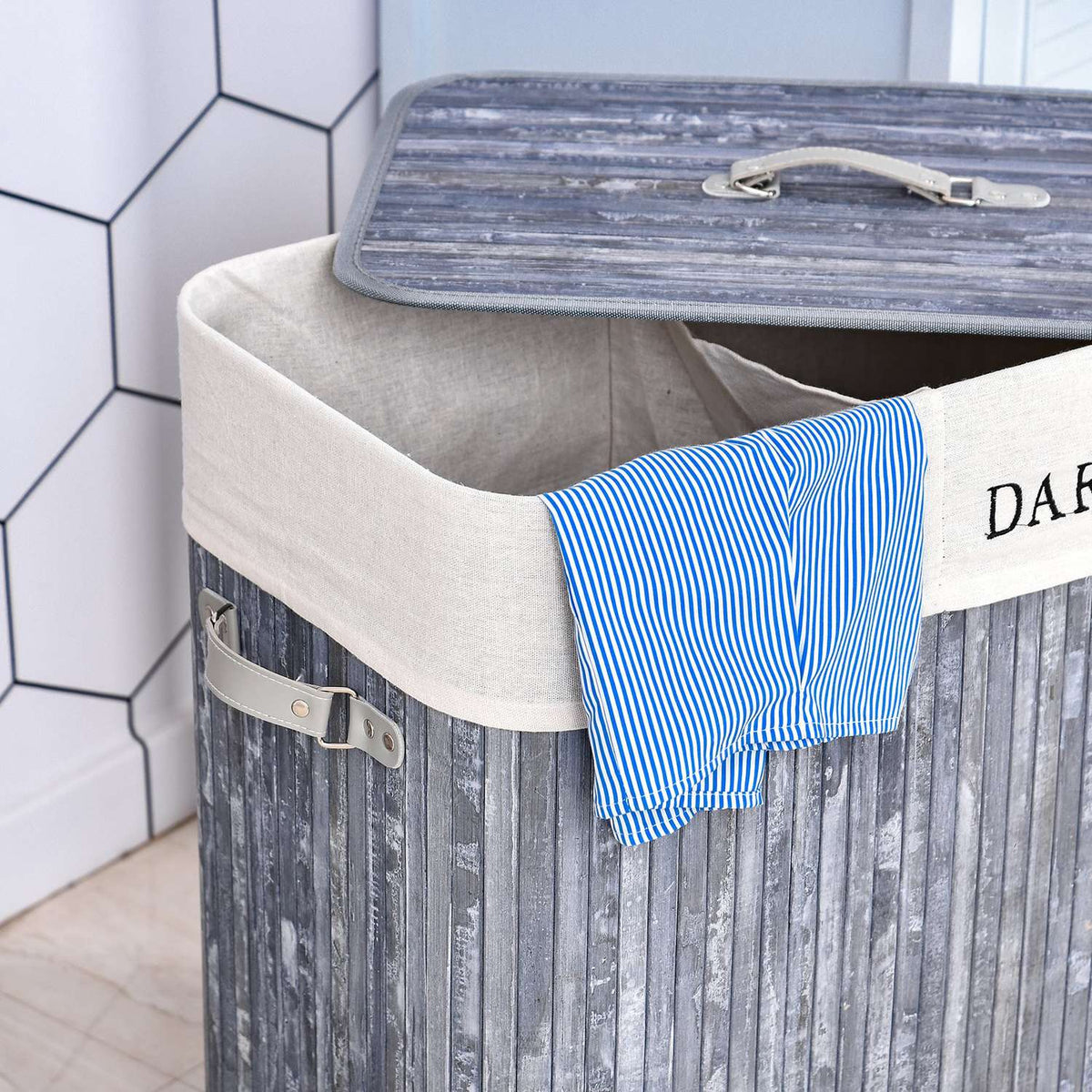 Laundry Basket 100L Laundry Box Laundry Collector With Lid, Washable Laundry Bag, Canvas + Bamboo, Gray, 52X32X63Cm