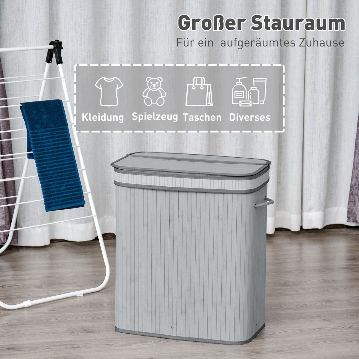 Laundry Basket 100L Laundry Hamper with Lid, Folding Removable Lining, Laundry Box for Bathroom, 52 x 32 x 63 cm, Gray