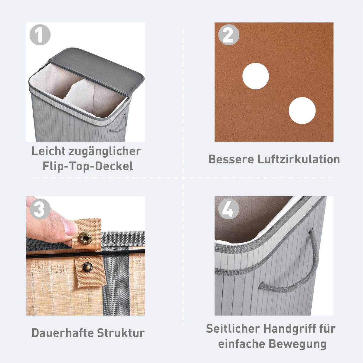 Laundry Basket 100L Laundry Hamper with Lid, Folding Removable Lining, Laundry Box for Bathroom, 52 x 32 x 63 cm, Gray